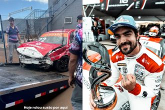 Caio Castro sofre acidente de carro durante treino de automobilismo Reprodução: Instagram/@caiocastro/@bohnvitoria