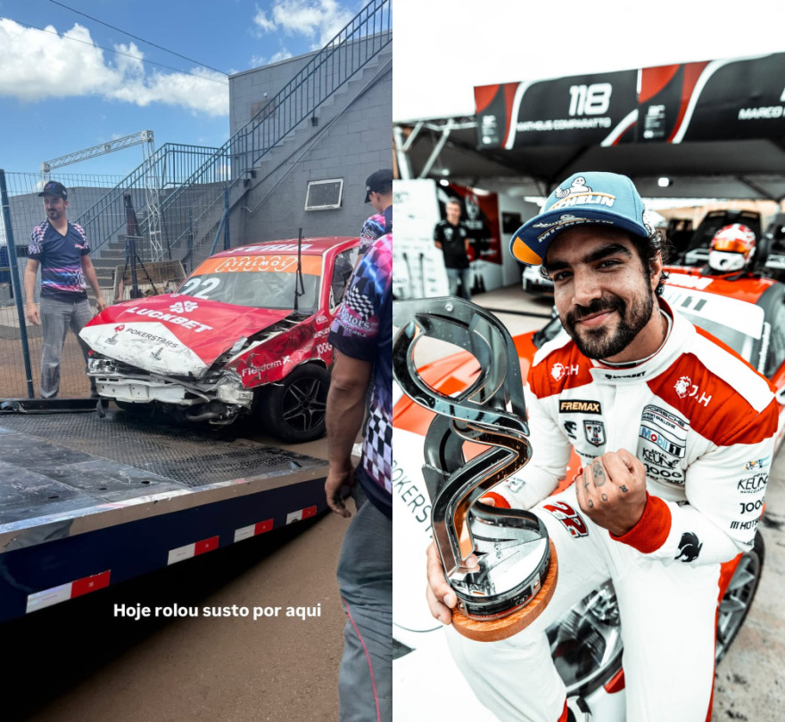 Caio Castro sofre acidente de carro durante treino de automobilismo Reprodução: Instagram/@caiocastro/@bohnvitoria