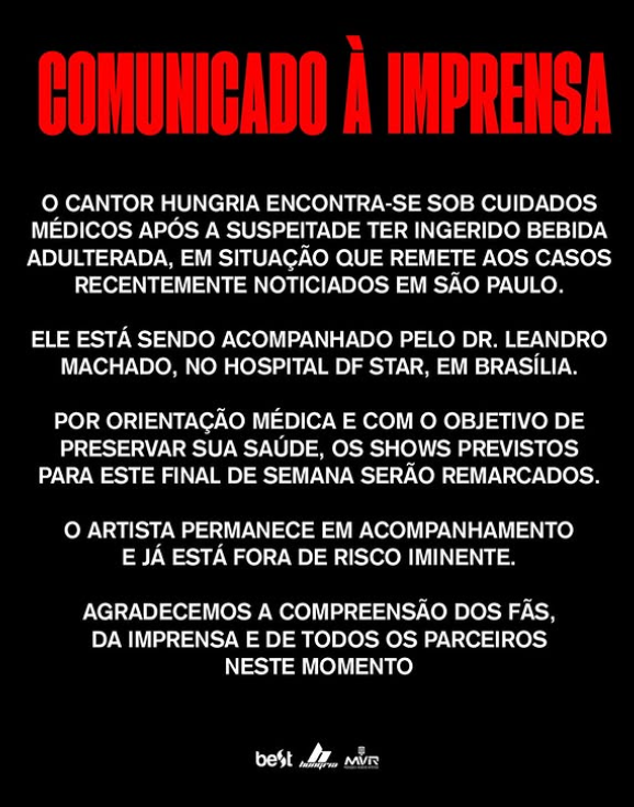 Hungria está internado com suspeita de intoxicação por metanol Reprodução: @hungria_oficial/instagram