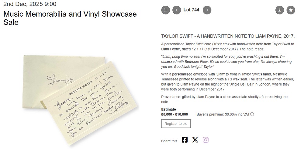 Carta escrita à mão por Taylor Swift para Liam Payne será leiloada um ano após a morte do cantor carta