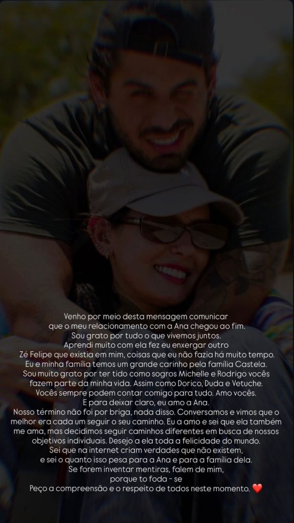 Ana Castela e Zé Felipe anunciam fim do namoro após dois meses juntos Foto: Reprodução/Instagram @zefelipe