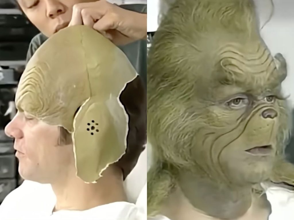 Jim Carrey aplicando maquiagem do Grinch